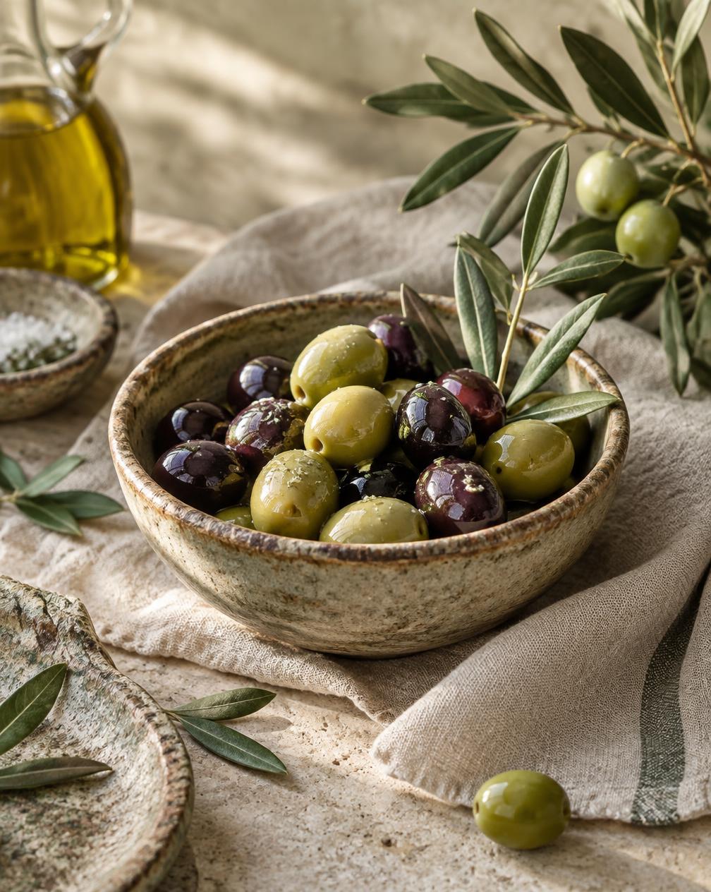 Seramik kâsede yeşil zeytinler ve zeytin dalı