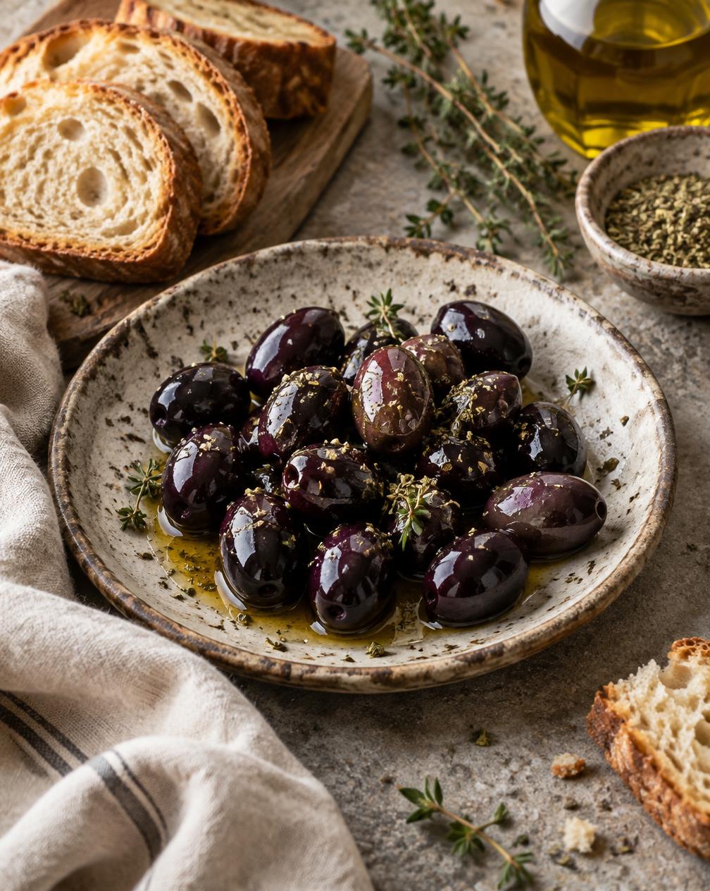 Seramik tabakta kekikli siyah zeytinler ve ekmek dilimleri